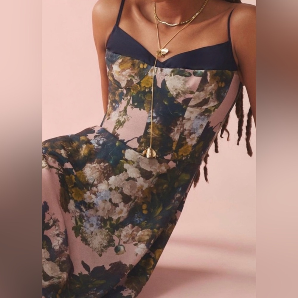 Anthropologie Pink Floral Midi Slip Dress with Navy Trim